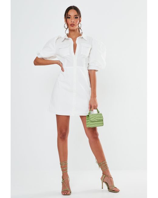 white puff sleeve shirt dress