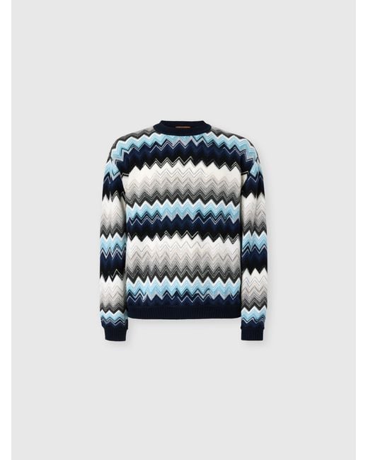Missoni Blue Crew Neck Sweater With Flame Zigzag Pattern for men