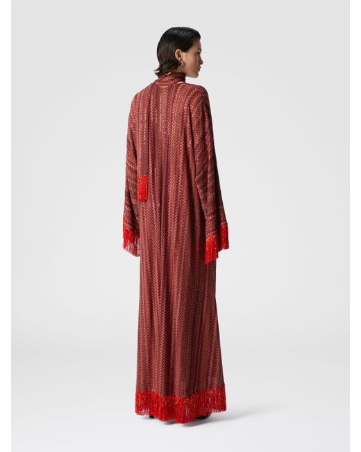 Missoni Red Zigzag Kaftan With Sequins And V-Neck And Removable Scarf With Fringes