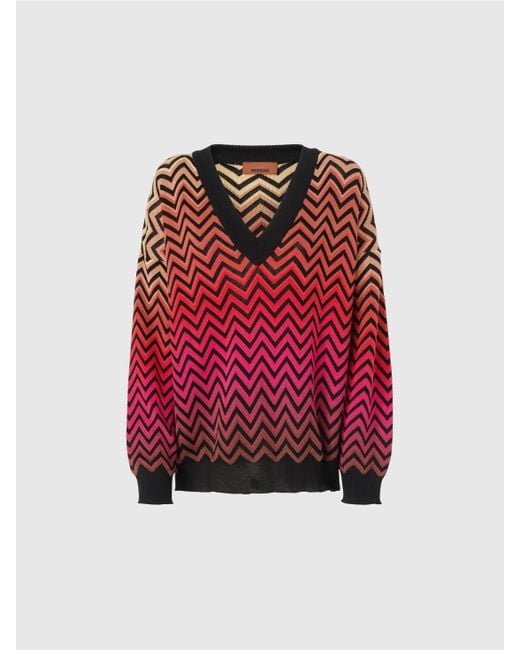 Pull Oversize Dégradé À Chevrons Avec Col En V, Femme, Taille Missoni en coloris Red