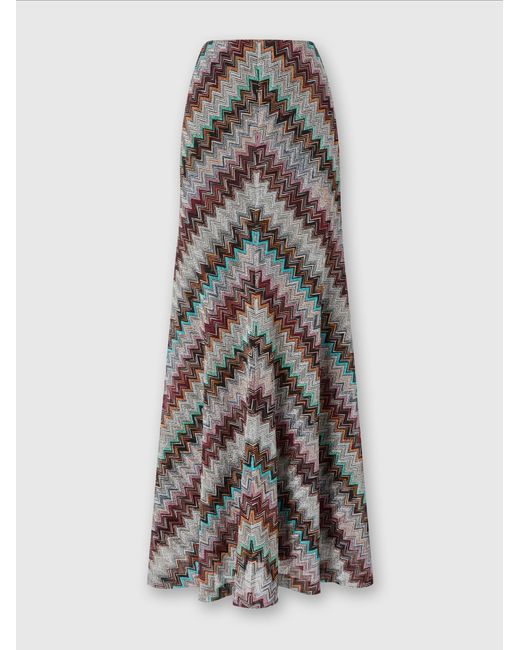 Missoni White Long Flared Skirt With Lamé Slub Zigzag Motif