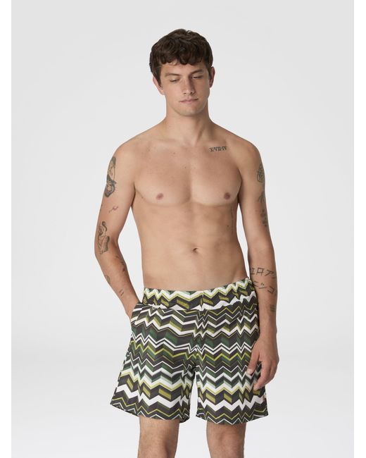 Missoni Green Long Swim Shorts With Irregular Zigzag Print for men
