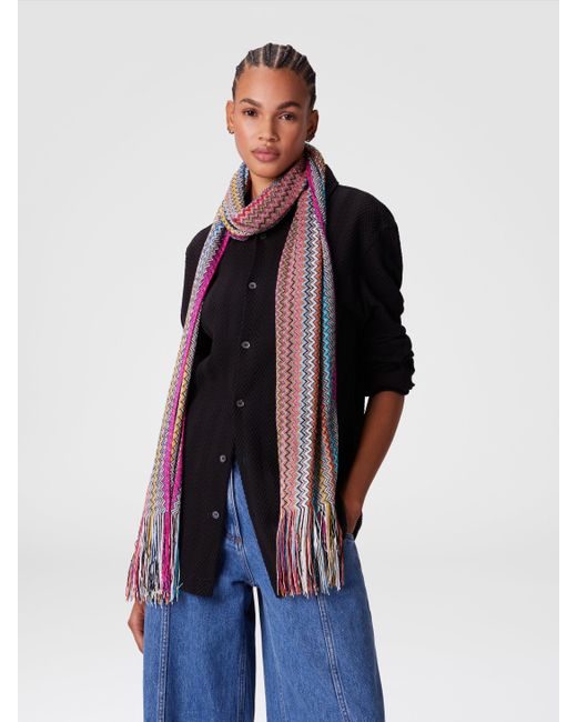 Missoni Gray Zig Zag Viscose Blend Scarf With Long Fringes