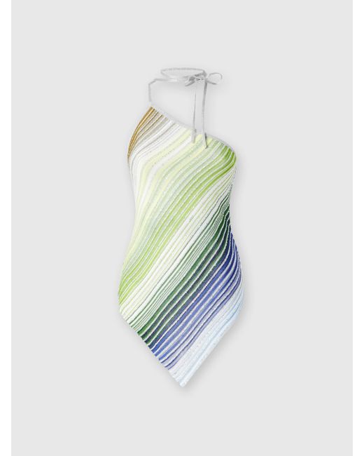 Missoni Blue Asymmetrical One-Shoulder Partial Striped Top With Sequins