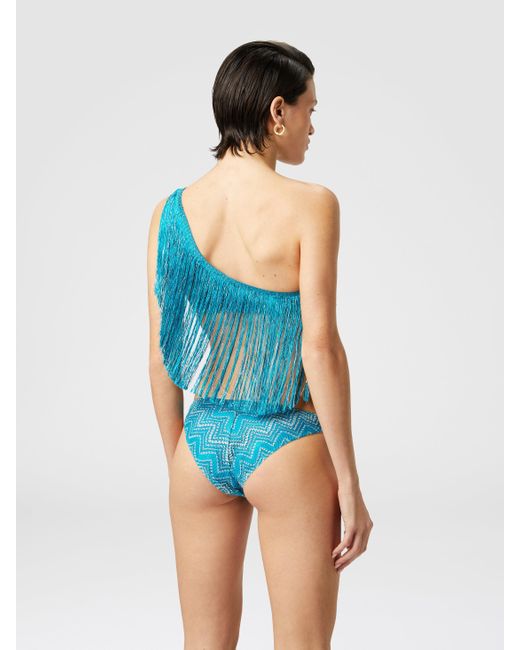 Missoni Blue One-Shoulder Zigzag Lamé Viscose Bikini With Fringes