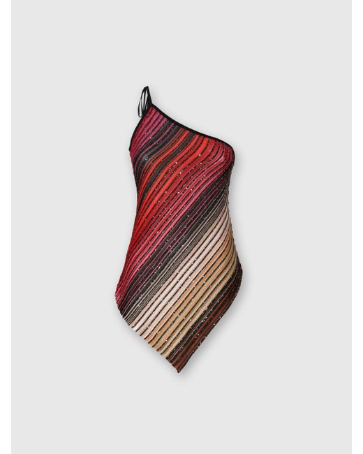 Missoni Red Asymmetrical One-Shoulder Partial Striped Top With Sequins