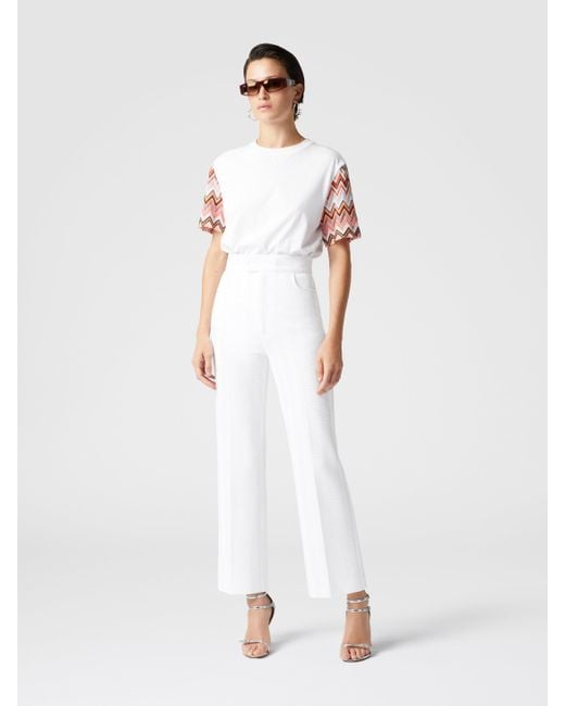 Pantalon Classique En Coton Et Viscose Zigzag Avec Ourlet Court, Femme, Taille Missoni en coloris White