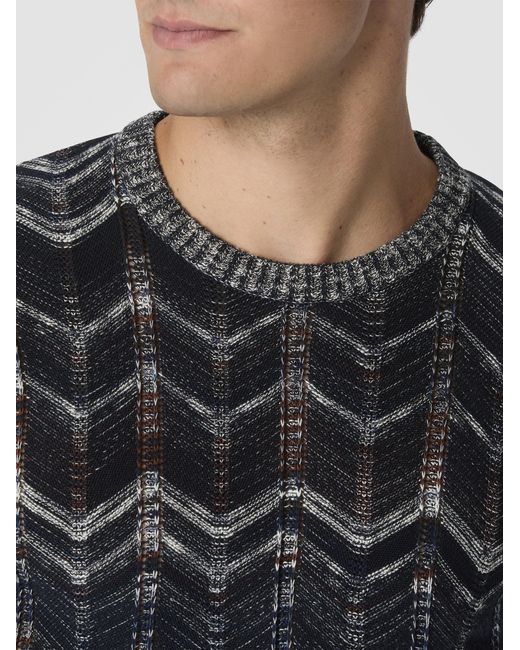 Missoni Black Crew-Neck Cotton Chevron Pullover With Ribbed Trims for men