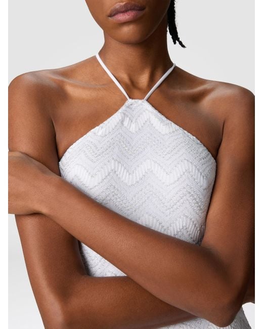 Missoni White Zig Zag Lamé Viscose One-Piece Swimsuit With Halter Neck