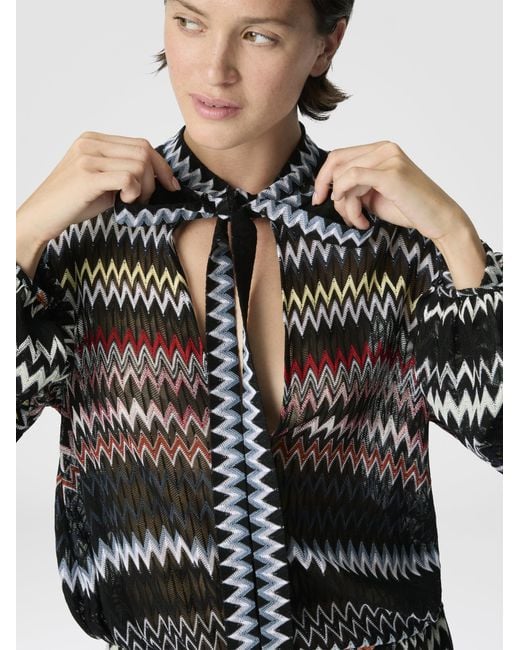 Missoni Multicolor Zigzag Viscose And Cotton Mini Dress With Bow, & Multicoloured