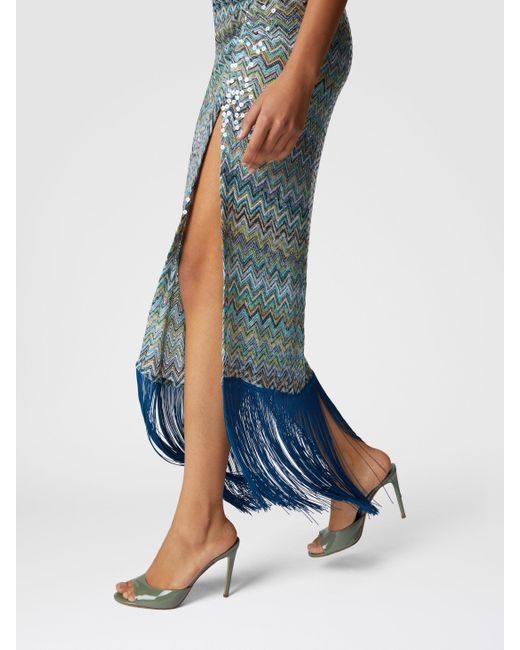 Robe Longue Couvrante Asymétrique En Viscose Lamée Zigzag Avec Paillettes Et Franges, Femme, Taille Missoni en coloris Blue