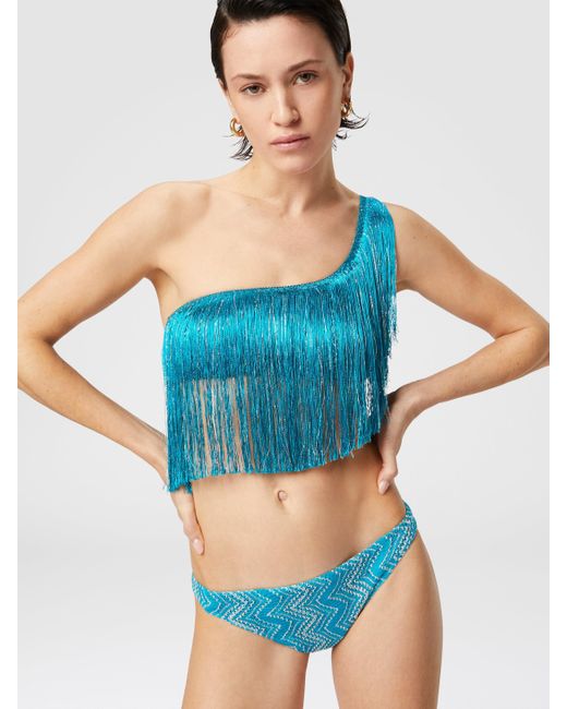 Missoni Blue One-Shoulder Zigzag Lamé Viscose Bikini With Fringes