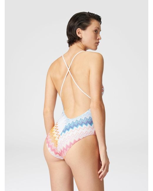 Maillot De Bain Une Pièce En Viscose Mélangée Zigzag Lamé Col V, Femme, Taille Missoni en coloris Blue