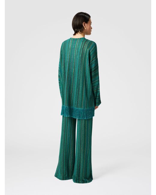 Missoni Green Zigzag Long-Sleeved Blouse With Sequins And Fringes