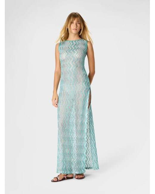 Missoni Blue Long Mesh Cover-Up Dress With Zigzag Pattern, Sequins, And Cut-Out Detail