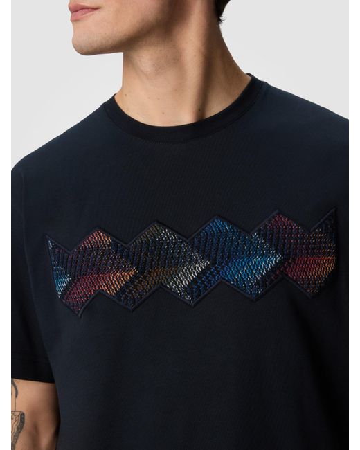 Missoni Blue Cotton Crewneck T-Shirt With Gradient Zig Zag Insert for men