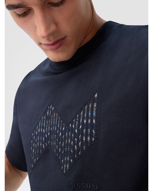 Missoni Blue Short Sleeve T-Shirt With Geometric Zigzag Insert And Logo for men