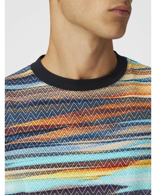 Missoni Blue Cotton Crewneck T-Shirt With Slub Zigzag Print for men