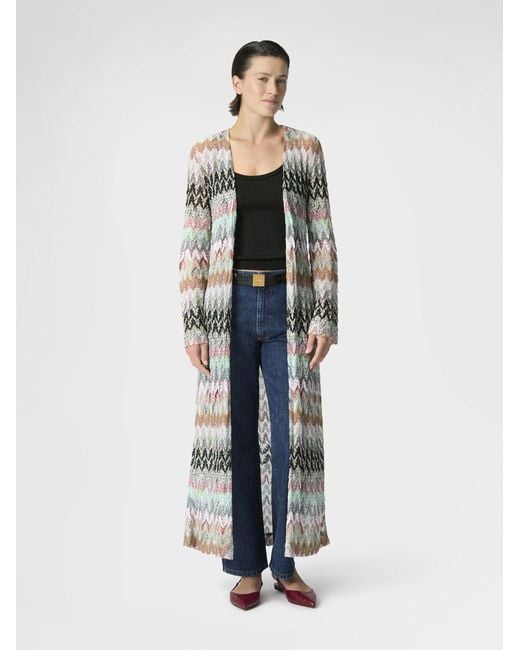 Missoni White Cotton And Viscose Lamé Long Cardigan With Lace Motif