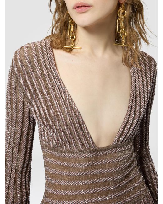 Missoni Natural Long-Sleeve Deep Neckline Maxi Dress