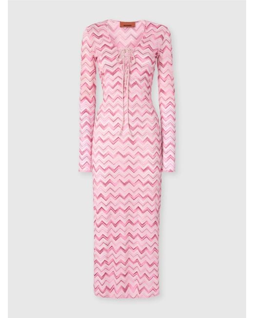 Robe Couvrante En Tulle De Viscose Mélangée Avec Zigzag Flammé, Femme, Blanc & Rose, Taille Missoni en coloris Pink