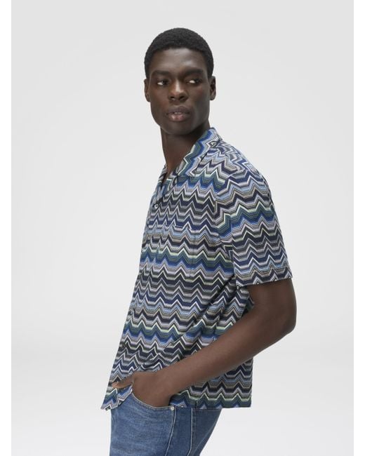 Missoni Blue Bowling Shirt With Geometric Zigzag for men