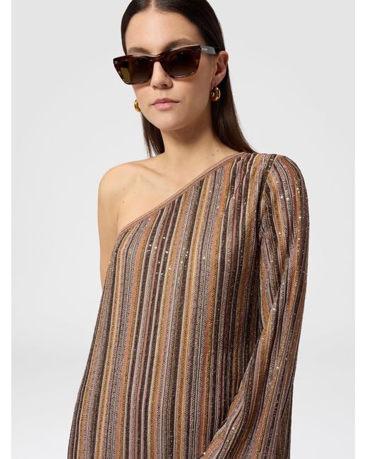 Missoni Natural Ribbed One-Shoulder Viscose Lamé Gown