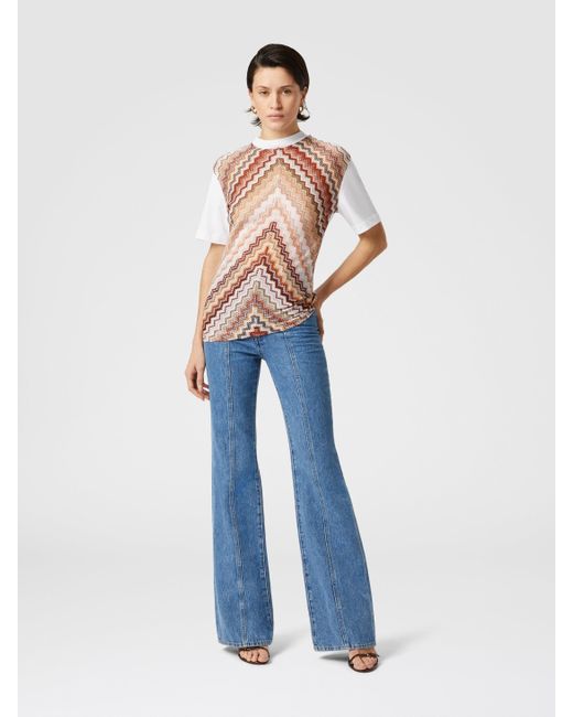 Missoni White Crewneck T-Shirt With Lamé Zig Zag Knit Insert