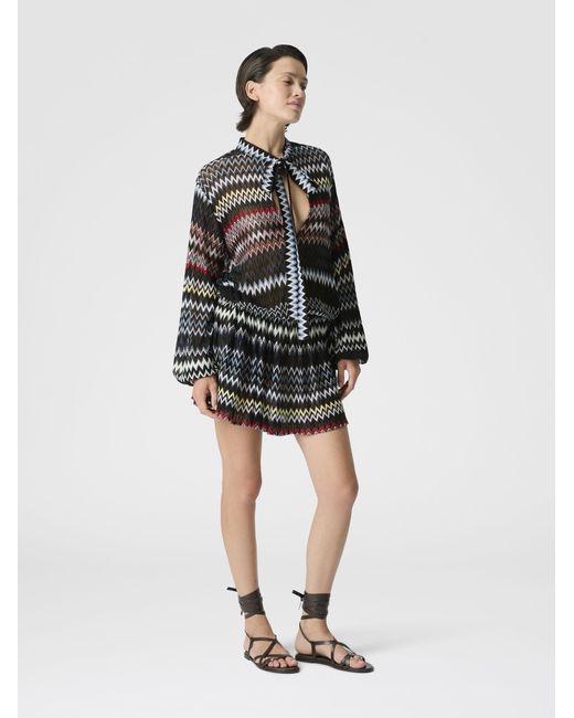 Missoni Multicolor Zigzag Viscose And Cotton Mini Dress With Bow, & Multicoloured