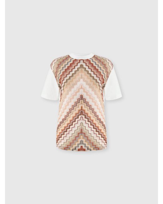 Missoni White Crewneck T-Shirt With Lamé Zig Zag Knit Insert