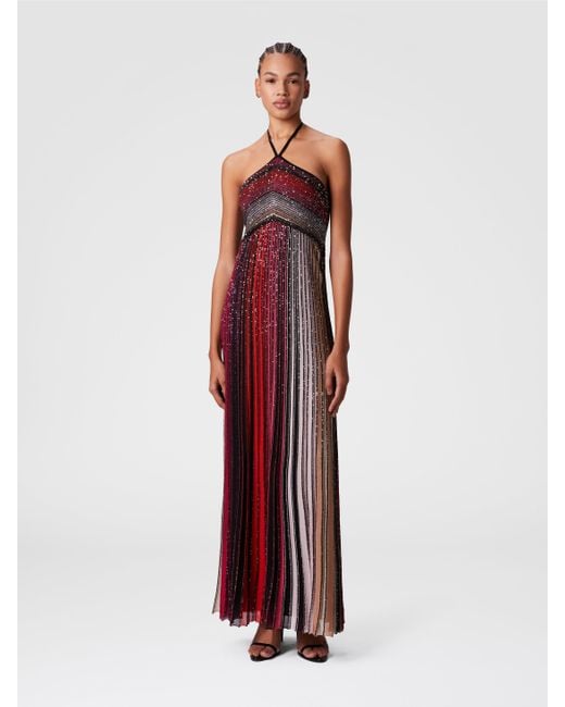 missoni long striped dress with sequins and neck fastening Missoni Long Striped Dress With Sequins And Neck Fastening in Red