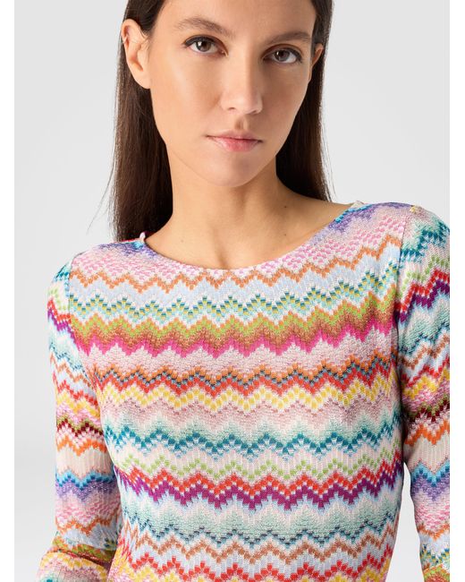 Missoni White Viscose Lamé Mini Dress With Pixelated Zigzag Motif