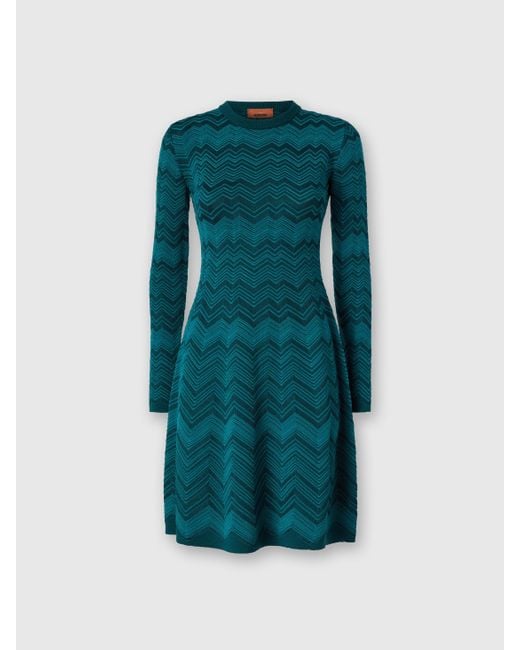 Abito Corto Manica Lunga Chevron, Donna, Taglia di Missoni in Green