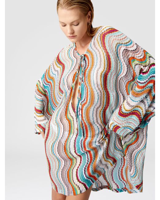 Missoni White Long-Sleeved Cover-Up Kaftan With Lamé Wave Motif