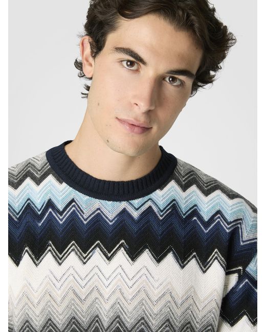 Missoni Blue Crew Neck Sweater With Flame Zigzag Pattern for men