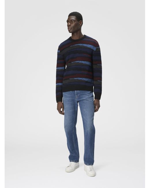 Missoni Blue Crew Neck Sweater With Striped Inlay, & Burgundy for men