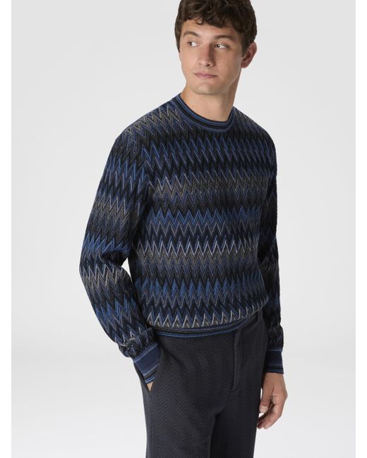 Missoni Blue Crew Neck Sweater With 3D Zigzag Pattern for men