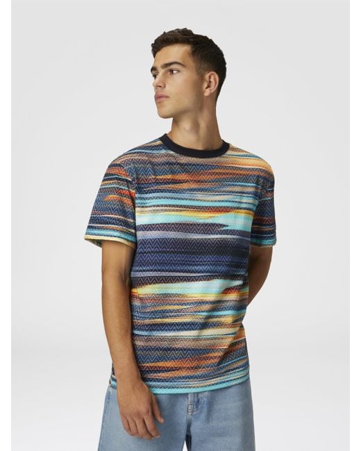 Missoni Blue Cotton Crewneck T-Shirt With Slub Zigzag Print for men