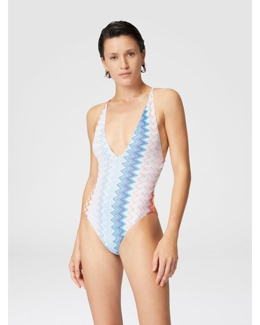 Maillot De Bain Une Pièce En Viscose Mélangée Zigzag Lamé Col V, Femme, Taille Missoni en coloris Blue