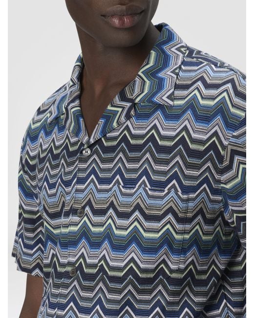 Missoni Blue Bowling Shirt With Geometric Zigzag for men