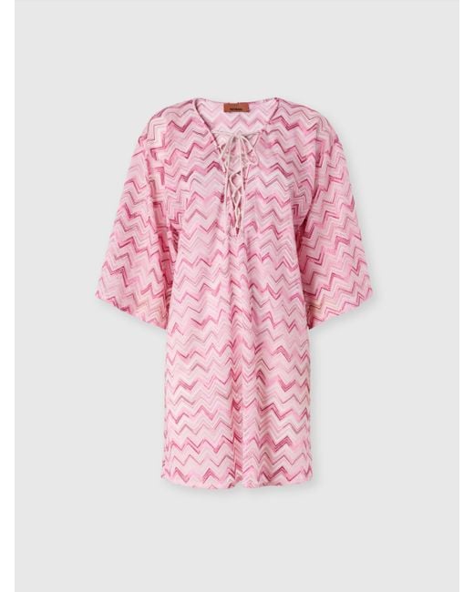Caftan Court En Tulle De Viscose Mélangée Avec Zigzag Flammé, Femme, Blanc & Rose, Taille Missoni en coloris Pink