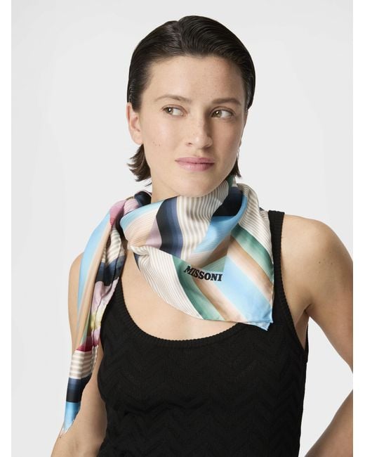 Missoni Blue Pure Silk Foulard With Print And Logo Lettering