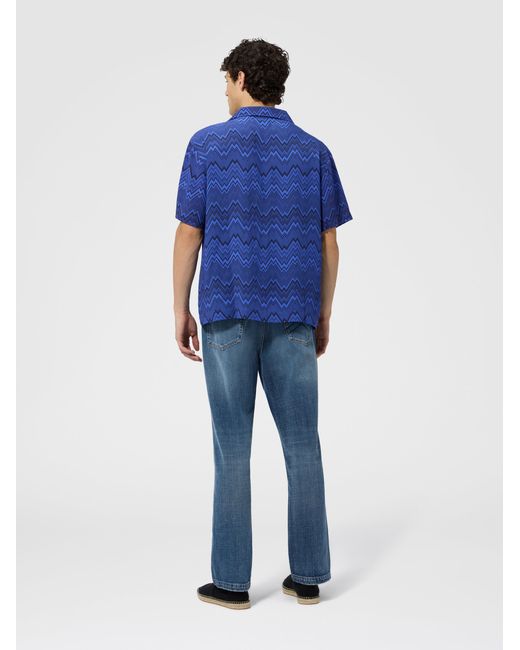 Missoni Blue Bowling Shirt With Tone-On-Tone Irregular Zig Zag Print for men