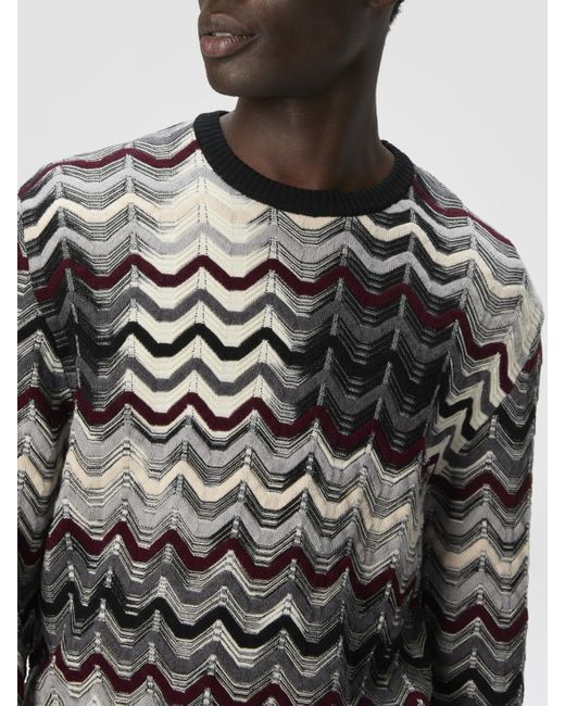 Maglia Girocollo Con Motivo Zig Zag Geometrico, Uomo, Grigio & Rosso, Taglia di Missoni in Black da Uomo