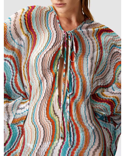 Missoni White Long-Sleeved Cover-Up Kaftan With Lamé Wave Motif