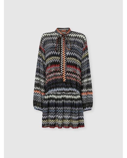 Missoni Multicolor Zigzag Viscose And Cotton Mini Dress With Bow, & Multicoloured