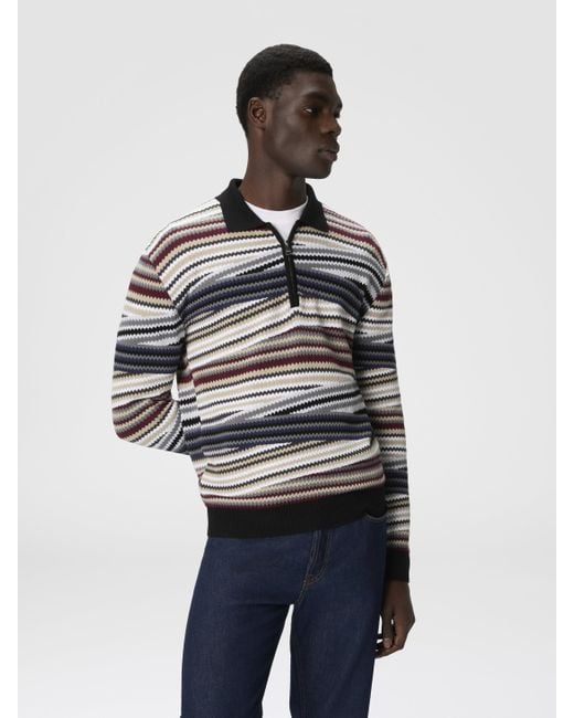 Missoni White Long Sleeve Polo With Zip And Striped Zigzag Pattern for men