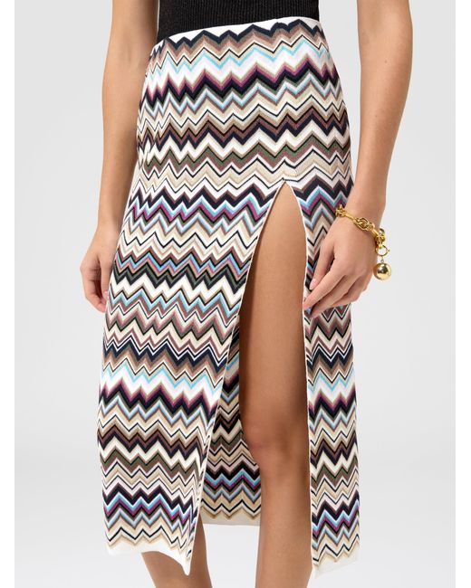 Missoni White Zig Zag Viscose And Wool Midi Skirt With Slit