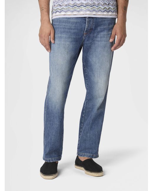 Missoni Blue Five-Pocket Cotton Denim Trousers With Zigzag Embroidery for men