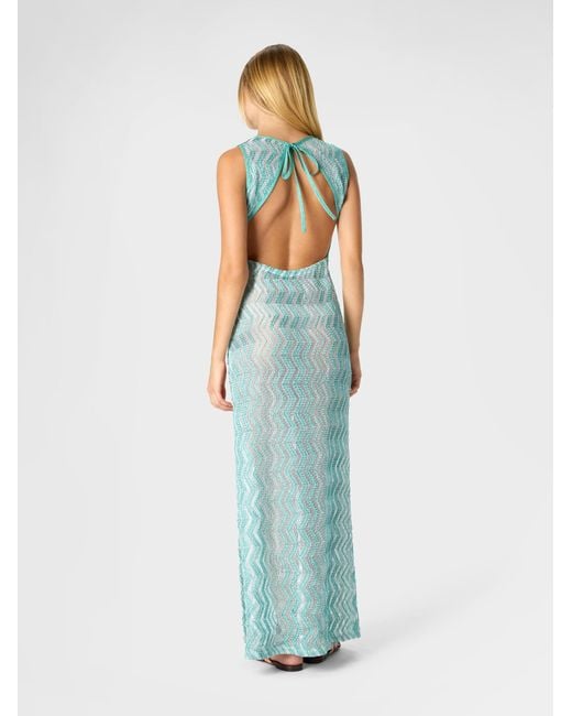 Missoni Blue Long Mesh Cover-Up Dress With Zigzag Pattern, Sequins, And Cut-Out Detail